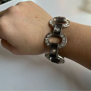 Guang Tong Vintage Leather Rhinestone Snap Bracelet Grey Silver